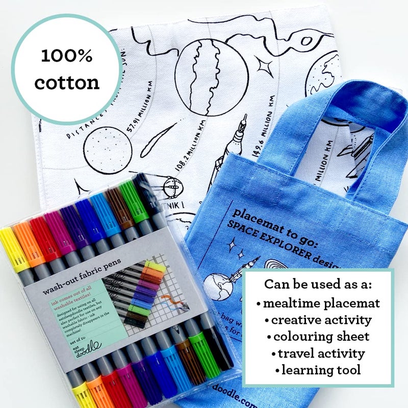 eatsleepdoodle Space  Planets and Spacecraft Cotton placemat to Color-in  Educational Solar System Coloring Placemat  Washable Felt tip Fabric Markers Included - Image 2
