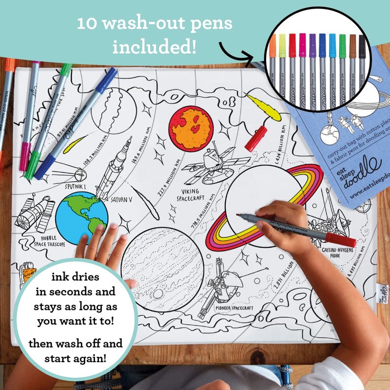 eatsleepdoodle Space  Planets and Spacecraft Cotton placemat to Color-in  Educational Solar System Coloring Placemat  Washable Felt tip Fabric Markers Included - Image 4