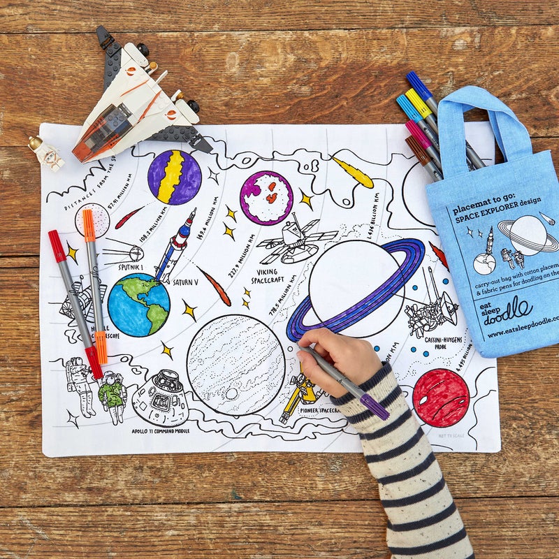 eatsleepdoodle Space  Planets and Spacecraft Cotton placemat to Color-in  Educational Solar System Coloring Placemat  Washable Felt tip Fabric Markers Included - Image 1