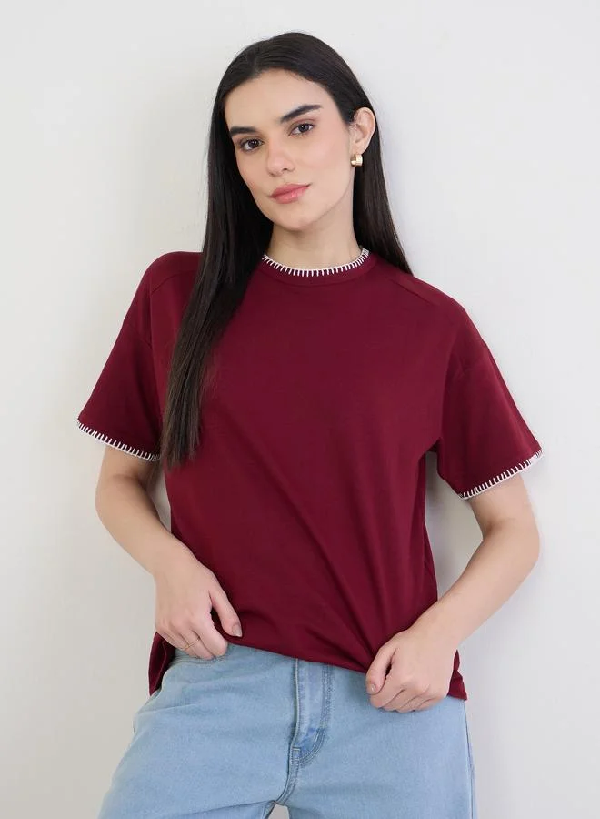 Styli Burgundy Cotton T-Shirt with Overlock Stitch