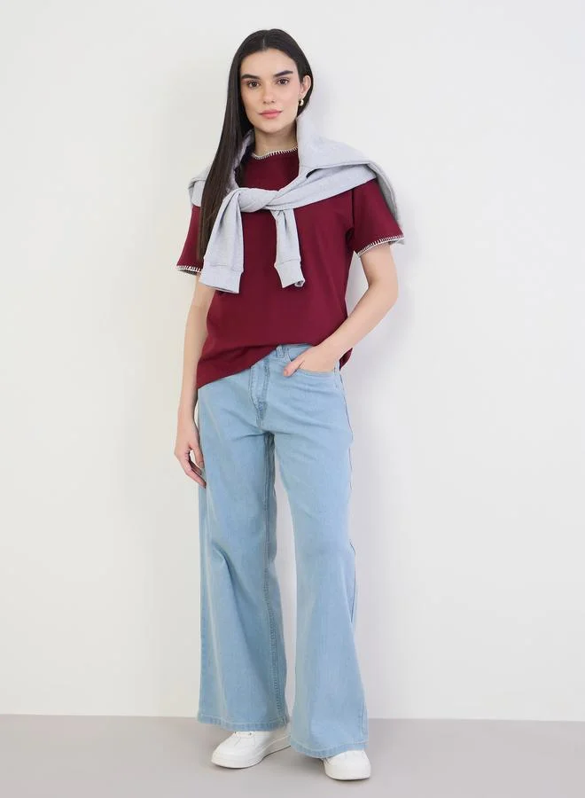 Styli Burgundy Cotton T-Shirt with Overlock Stitch