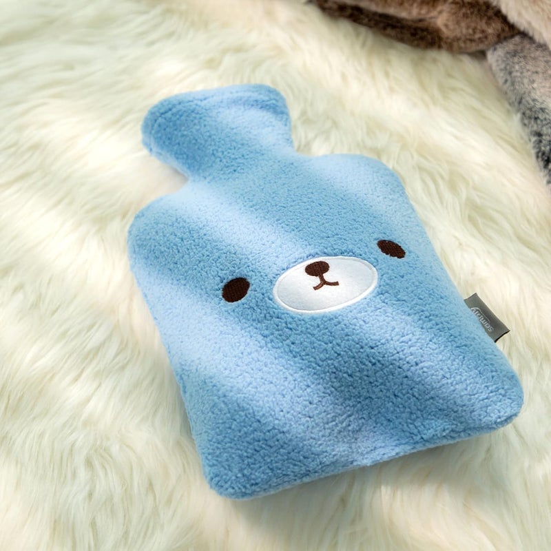 samply Hot Water Bottle with Cute Fleece Cover Hot Water Bag for Hot and Cold Compress Hand Feet Warmer Neck and Shoulder Pain Relief Light Blue Bear - Image 5