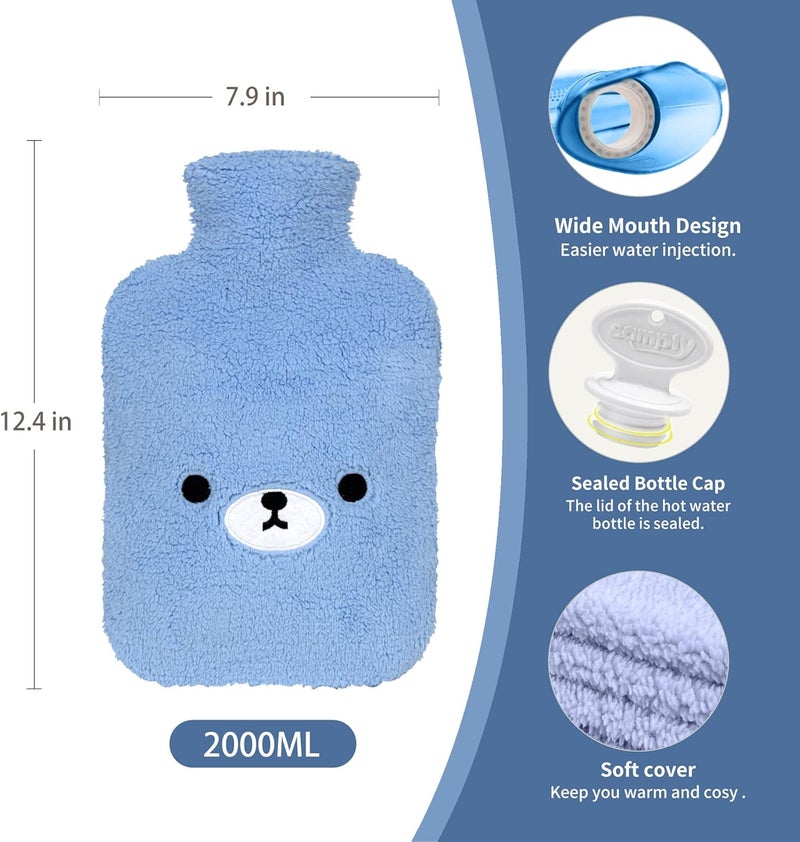 samply Hot Water Bottle with Cute Fleece Cover Hot Water Bag for Hot and Cold Compress Hand Feet Warmer Neck and Shoulder Pain Relief Light Blue Bear - Image 3