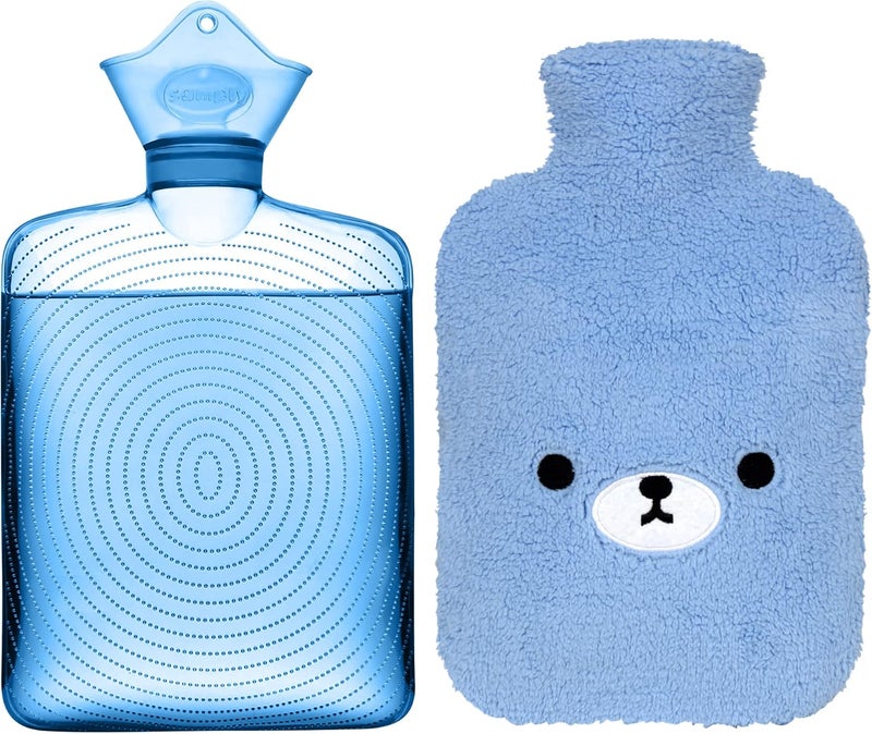 samply Hot Water Bottle with Cute Fleece Cover Hot Water Bag for Hot and Cold Compress Hand Feet Warmer Neck and Shoulder Pain Relief Light Blue Bear - Image 1