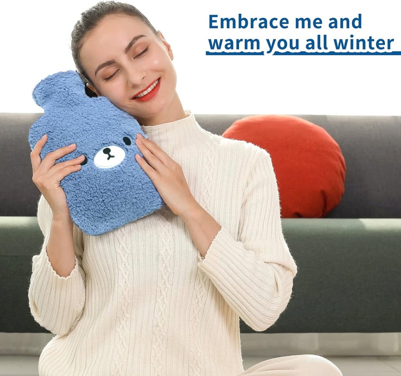 samply Hot Water Bottle with Cute Fleece Cover Hot Water Bag for Hot and Cold Compress Hand Feet Warmer Neck and Shoulder Pain Relief Light Blue Bear - Image 4