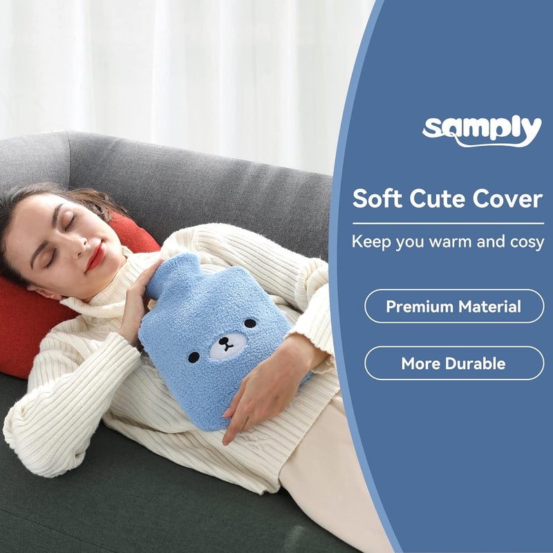 samply Hot Water Bottle with Cute Fleece Cover Hot Water Bag for Hot and Cold Compress Hand Feet Warmer Neck and Shoulder Pain Relief Light Blue Bear - Image 2