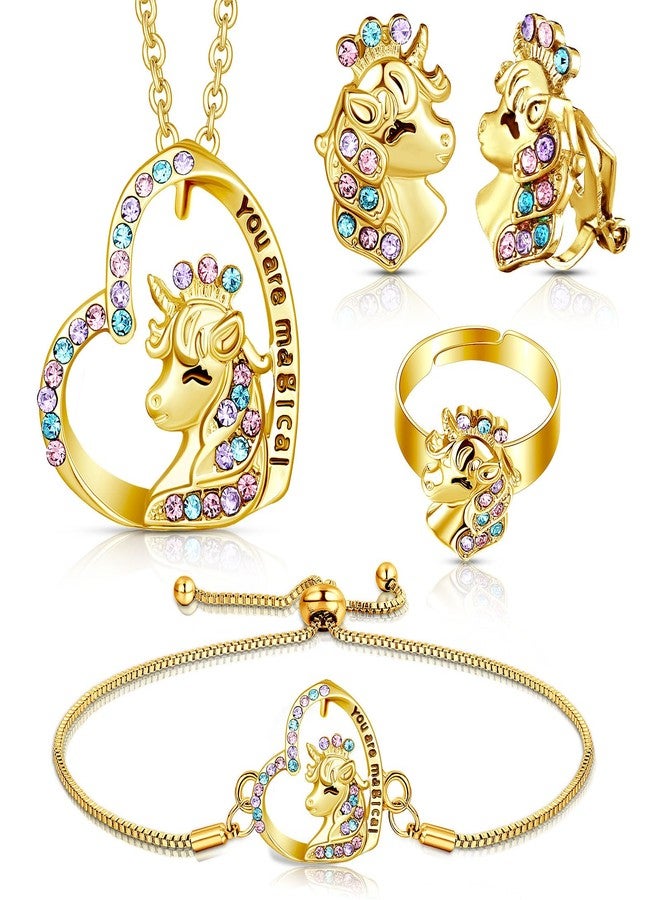Herdear 4 Pcs Girl Unicorn Axolotl Jewelry Set Necklace Bracelet Ring Stud Earrings Crystal Pendant Jewelry Gifts for Toddler(Gold,Modern Unicorn) - Image 1