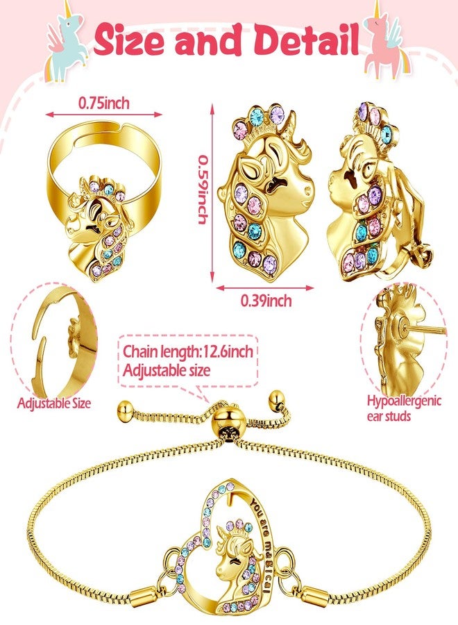 Herdear 4 Pcs Girl Unicorn Axolotl Jewelry Set Necklace Bracelet Ring Stud Earrings Crystal Pendant Jewelry Gifts for Toddler(Gold,Modern Unicorn) - Image 4