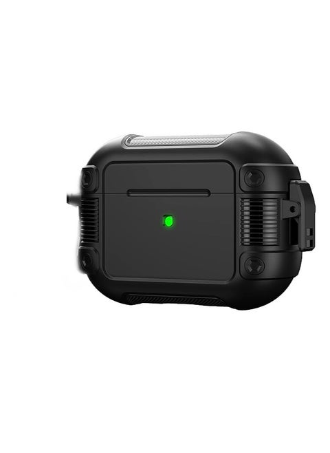 غطاء حماية ELMO3EZZ Armor Airpods Pro 2 مع مشبك قفل، غطاء حماية صلب عسكري لكامل الجسم مضاد للصدمات مع سلسلة مفاتيح لـ Airpods Pro 2 [أسود]