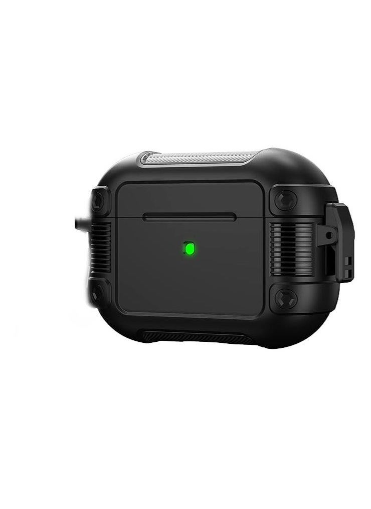ماركة غير محددة - غطاء حماية ELMO3EZZ Armor Airpods Pro 2 مع مشبك قفل، غطاء حماية صلب عسكري لكامل الجسم مضاد للصدمات مع سلسلة مفاتيح لـ Airpods Pro 2 [أسود] - Image 1