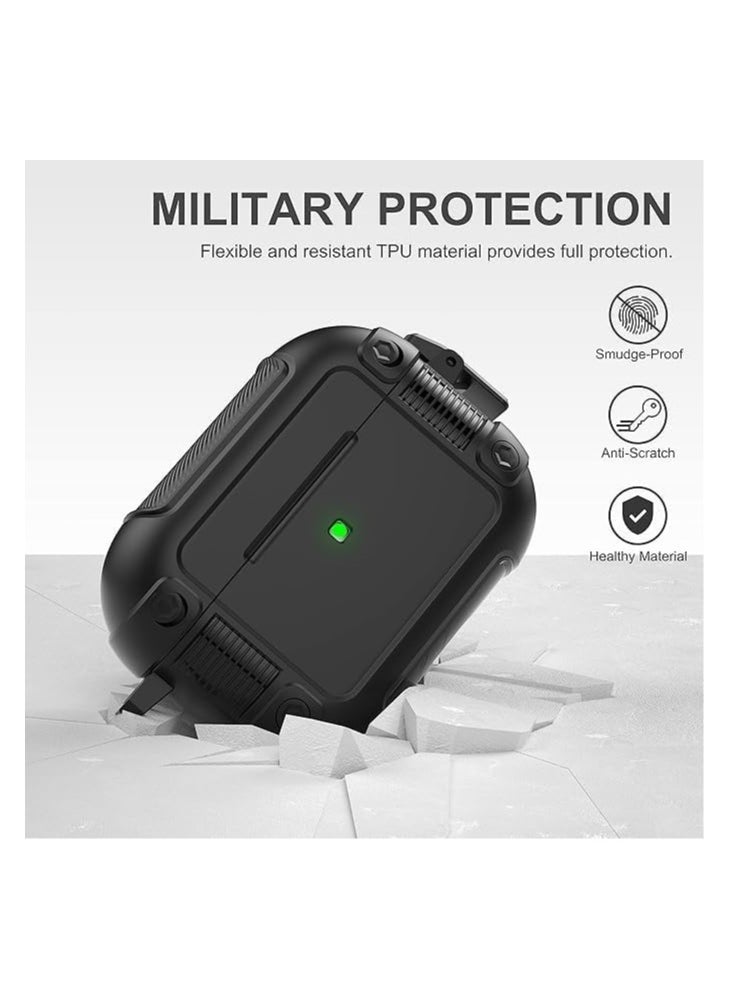 ماركة غير محددة - غطاء حماية ELMO3EZZ Armor Airpods Pro 2 مع مشبك قفل، غطاء حماية صلب عسكري لكامل الجسم مضاد للصدمات مع سلسلة مفاتيح لـ Airpods Pro 2 [أسود] - Image 1