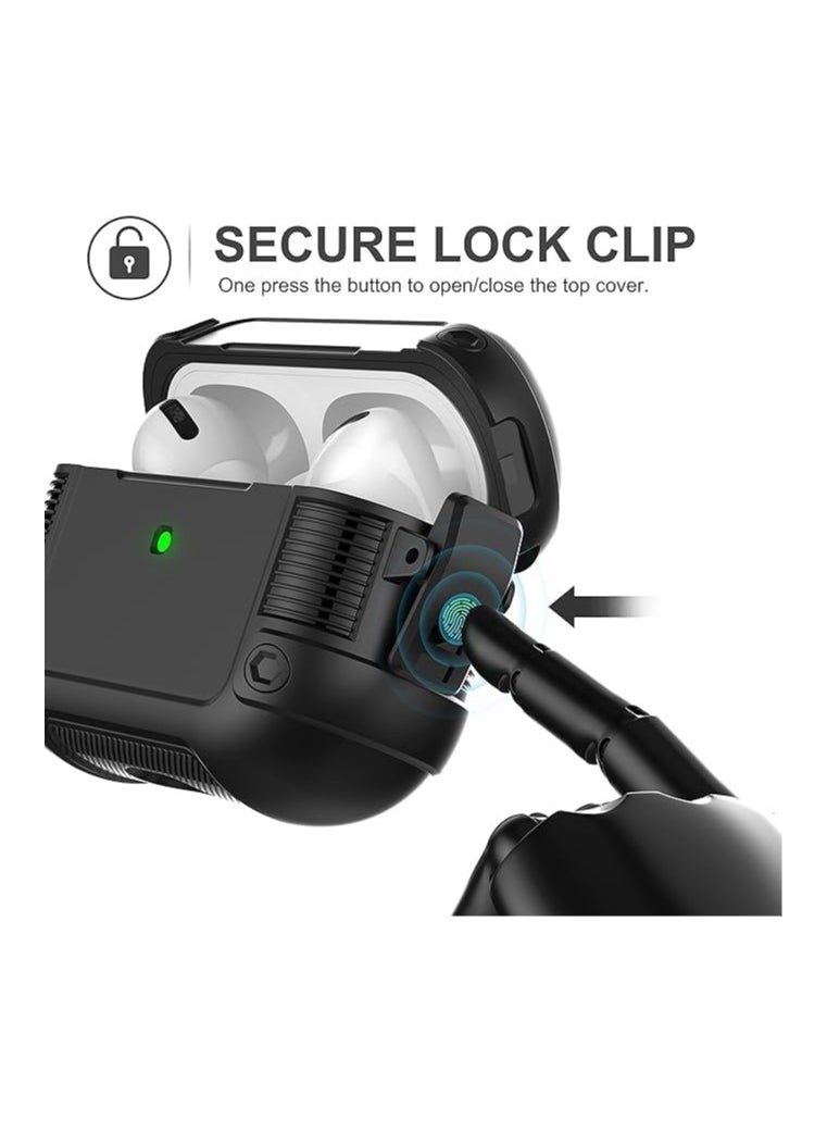 ماركة غير محددة - غطاء حماية ELMO3EZZ Armor Airpods Pro 2 مع مشبك قفل، غطاء حماية صلب عسكري لكامل الجسم مضاد للصدمات مع سلسلة مفاتيح لـ Airpods Pro 2 [أسود] - Image 1