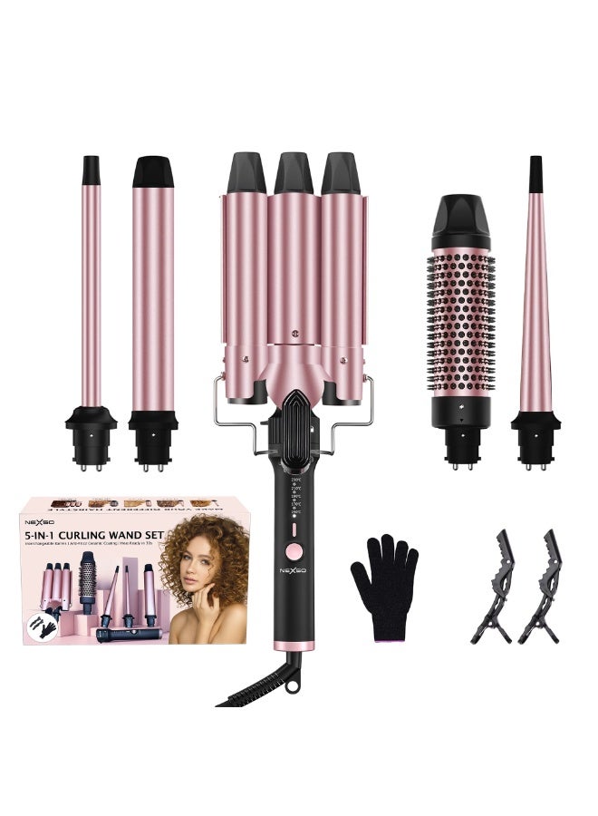 NEXSO 5-in-1 Interchangeable Hair Styler Set with Ceramic Tourmaline Barrels – Curling Wand, Round Brush, Triple Barrel Waver, Adjustable Temperature 150°C–230°C, Dual Voltage - Image 1