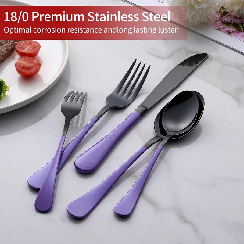 Onlycooker 20Piece Black Silverware Set 180 Stainless Steel Flatware Purple Handle Cutlery Set Service for 4 Dinner Knives Forks Spoons Set Mirror Finish Dishwasher Safe - Image 4