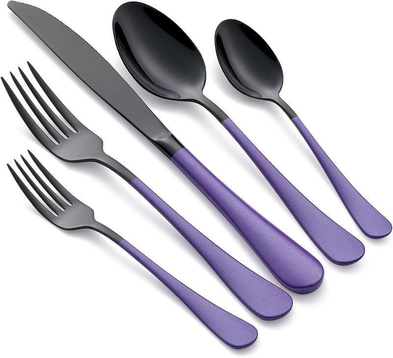 Onlycooker 20Piece Black Silverware Set 180 Stainless Steel Flatware Purple Handle Cutlery Set Service for 4 Dinner Knives Forks Spoons Set Mirror Finish Dishwasher Safe - Image 1