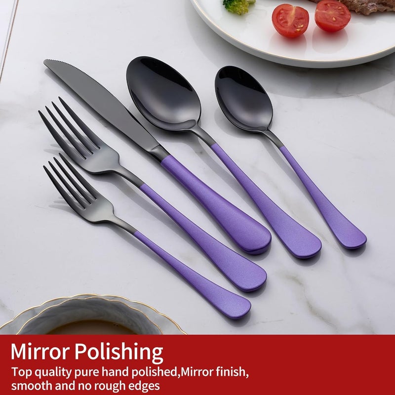 Onlycooker 20Piece Black Silverware Set 180 Stainless Steel Flatware Purple Handle Cutlery Set Service for 4 Dinner Knives Forks Spoons Set Mirror Finish Dishwasher Safe - Image 3