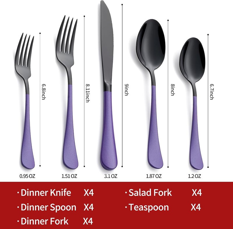 Onlycooker 20Piece Black Silverware Set 180 Stainless Steel Flatware Purple Handle Cutlery Set Service for 4 Dinner Knives Forks Spoons Set Mirror Finish Dishwasher Safe - Image 2