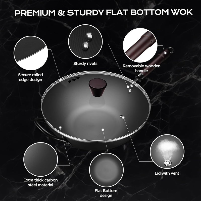 FGJ Wok, 13 Inch carbon steel woks & stir-fry pans nonstick, Pre-Seasoned 5.8QT Flat Bottom Chinese Wok Paella Pan with lid, Carbon Steel Cookware, Compatible with All Cooktops - Image 5