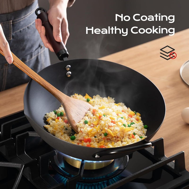 FGJ Wok, 13 Inch carbon steel woks & stir-fry pans nonstick, Pre-Seasoned 5.8QT Flat Bottom Chinese Wok Paella Pan with lid, Carbon Steel Cookware, Compatible with All Cooktops - Image 2