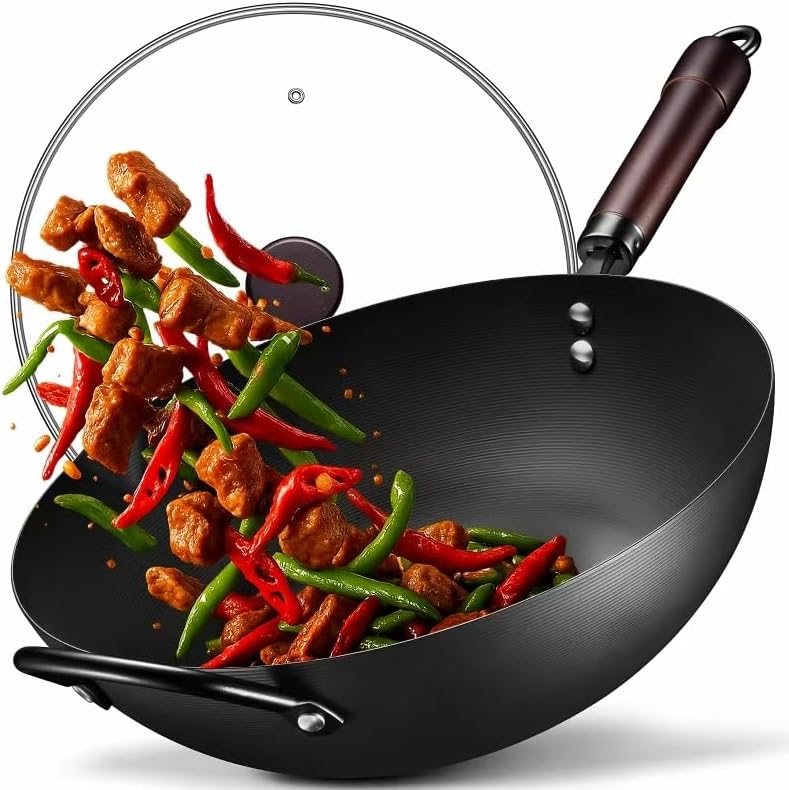 FGJ Wok, 13 Inch carbon steel woks & stir-fry pans nonstick, Pre-Seasoned 5.8QT Flat Bottom Chinese Wok Paella Pan with lid, Carbon Steel Cookware, Compatible with All Cooktops - Image 1
