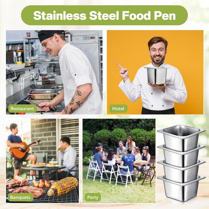 Rtteri 16 عبوة من أواني الفولاذ المقاوم للصدأ 1/6 مع غطاء و 2 ملقط، 4 ملاعق عمق 4 بوصة لأواني الفنادق حاويات تخزين الطعام لمائدة البخار التجارية لوازم مطاعم الفنادق البوفيه - Image 3