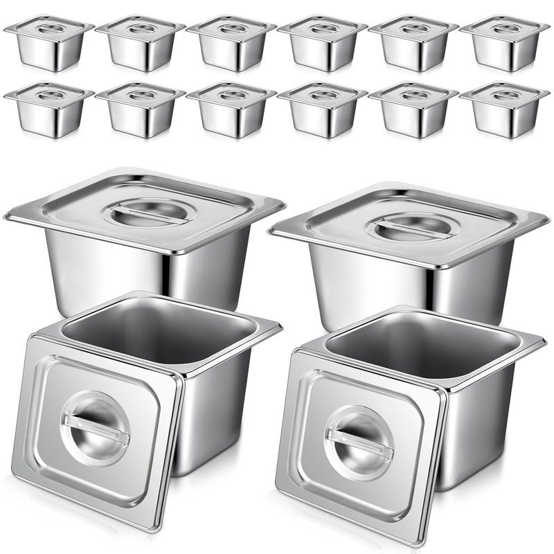 Rtteri 16 عبوة من أواني الفولاذ المقاوم للصدأ 1/6 مع غطاء و 2 ملقط، 4 ملاعق عمق 4 بوصة لأواني الفنادق حاويات تخزين الطعام لمائدة البخار التجارية لوازم مطاعم الفنادق البوفيه - Image 1