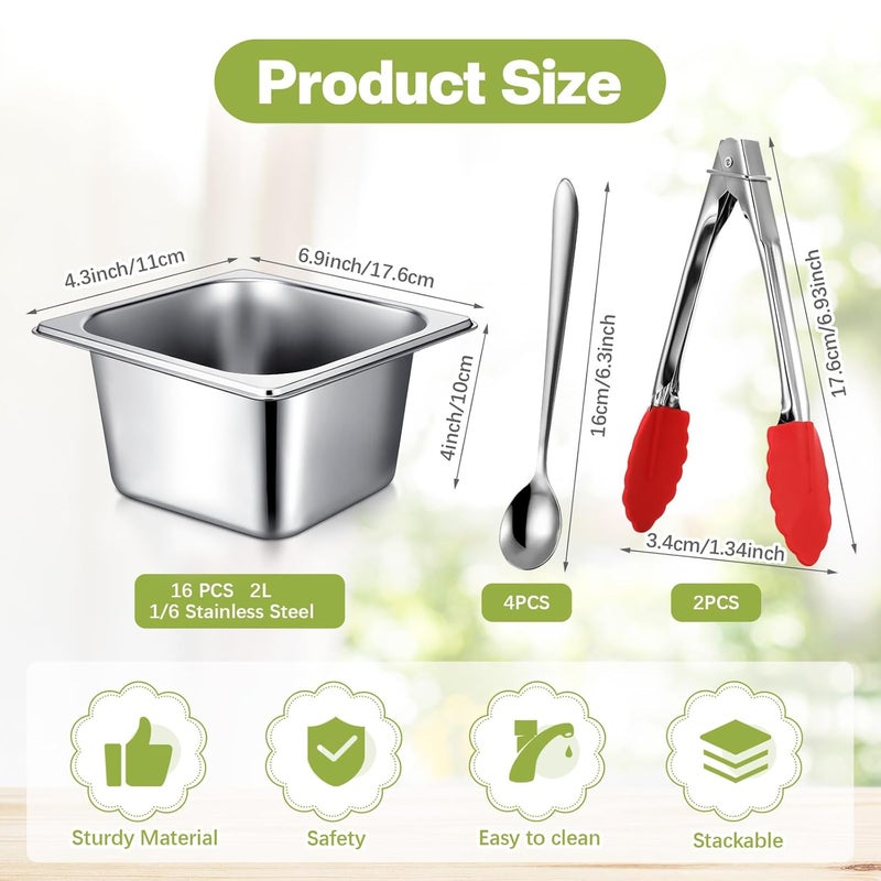 Rtteri 16 عبوة من أواني الفولاذ المقاوم للصدأ 1/6 مع غطاء و 2 ملقط، 4 ملاعق عمق 4 بوصة لأواني الفنادق حاويات تخزين الطعام لمائدة البخار التجارية لوازم مطاعم الفنادق البوفيه - Image 2