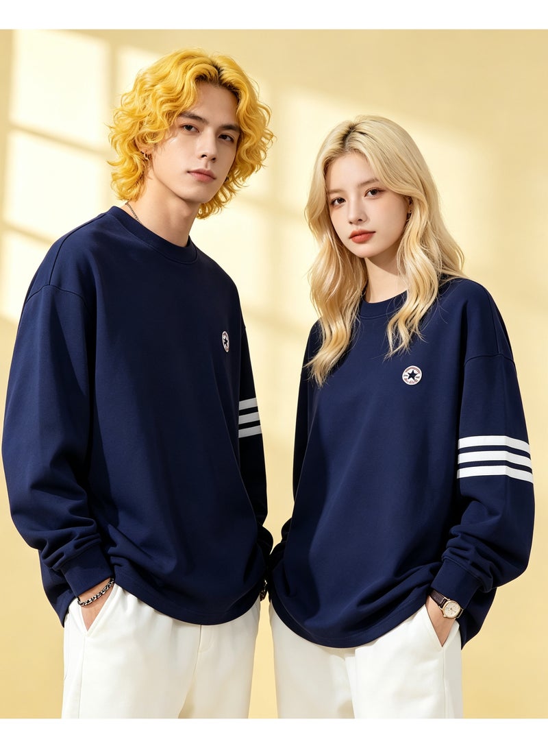 Converse Casual Crew Neck Long Sleeve Sweatshirt, Loose Fit Couple Sweatshirt, Daily Streetwear for Men & Women, Navy Blue - Image 1