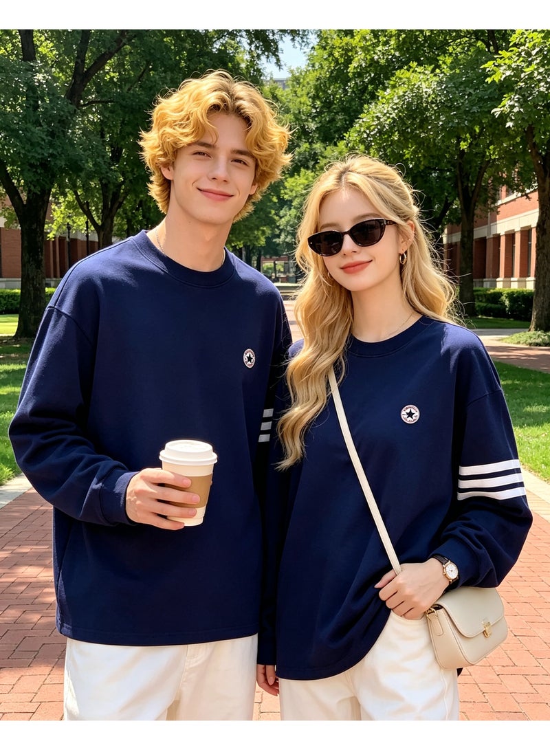 Converse Casual Crew Neck Long Sleeve Sweatshirt, Loose Fit Couple Sweatshirt, Daily Streetwear for Men & Women, Navy Blue - Image 5