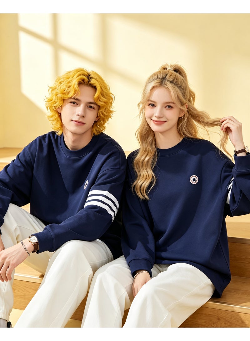 Converse Casual Crew Neck Long Sleeve Sweatshirt, Loose Fit Couple Sweatshirt, Daily Streetwear for Men & Women, Navy Blue - Image 2