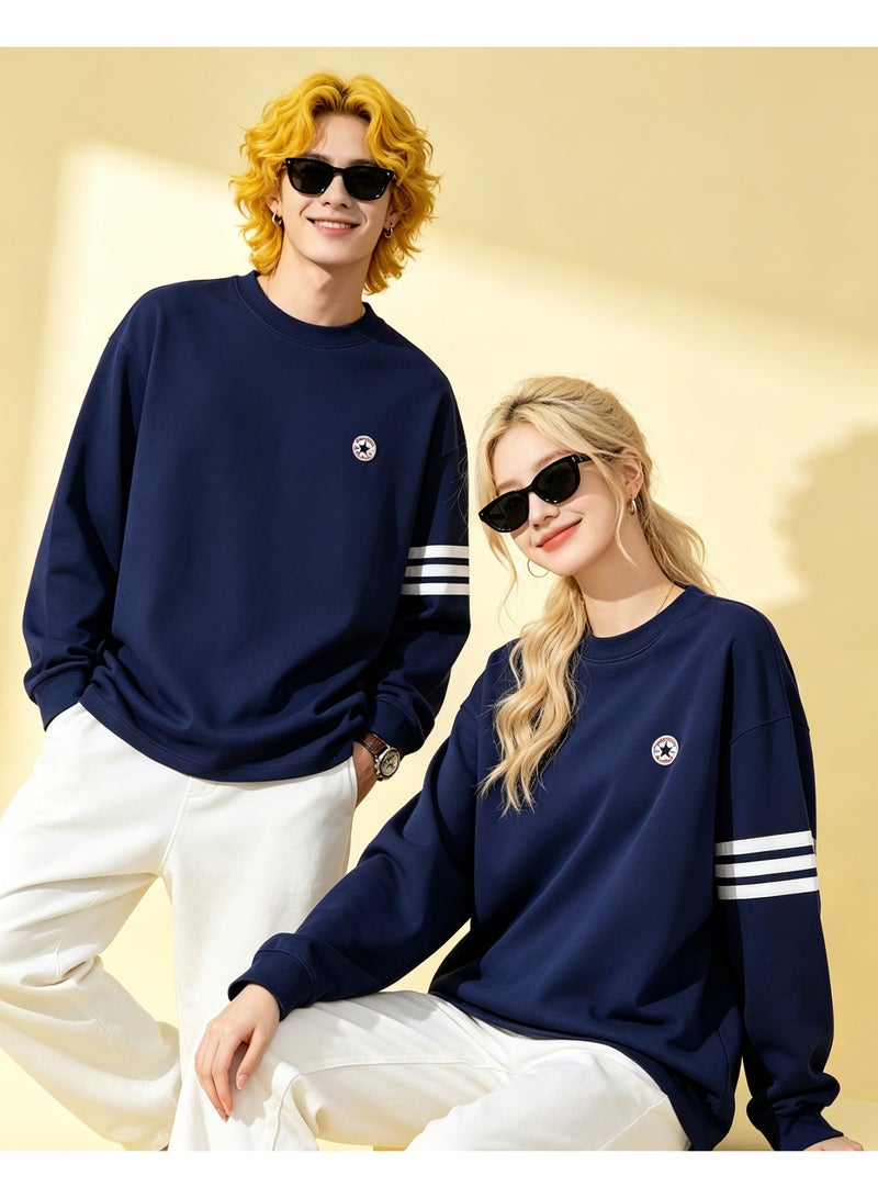 Converse Casual Crew Neck Long Sleeve Sweatshirt, Loose Fit Couple Sweatshirt, Daily Streetwear for Men & Women, Navy Blue - Image 4