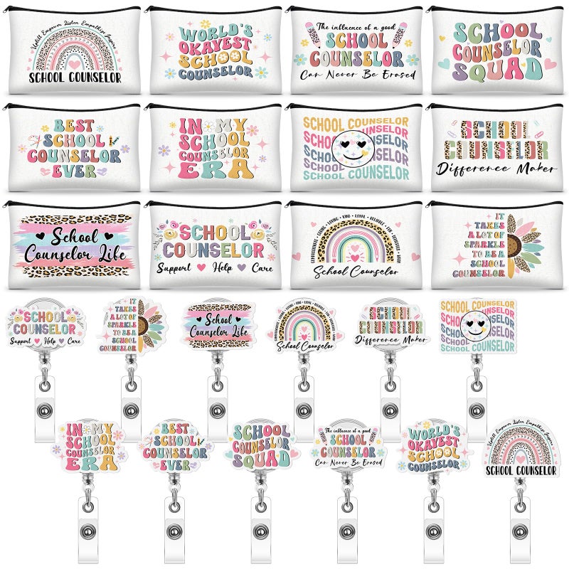 Cosblank 24 Pcs School Counselor Appreciation Gifts Bulk 12 Makeup Bag 12 Retractable Badge Reels Gift for Educator Teacher School Community Graduation Teacher Appreciation Week - Image 1
