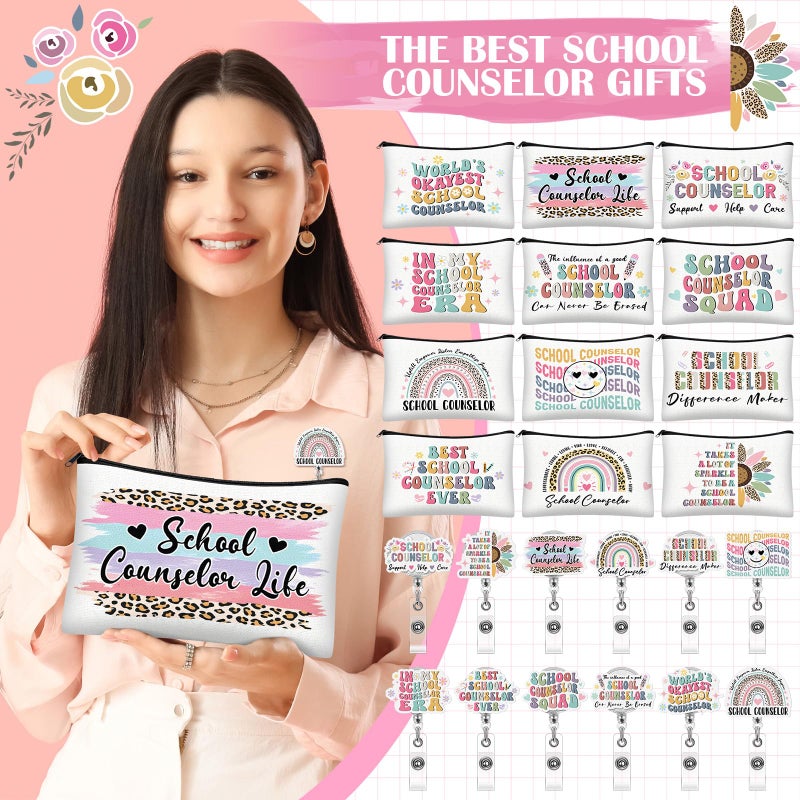 Cosblank 24 Pcs School Counselor Appreciation Gifts Bulk 12 Makeup Bag 12 Retractable Badge Reels Gift for Educator Teacher School Community Graduation Teacher Appreciation Week - Image 4
