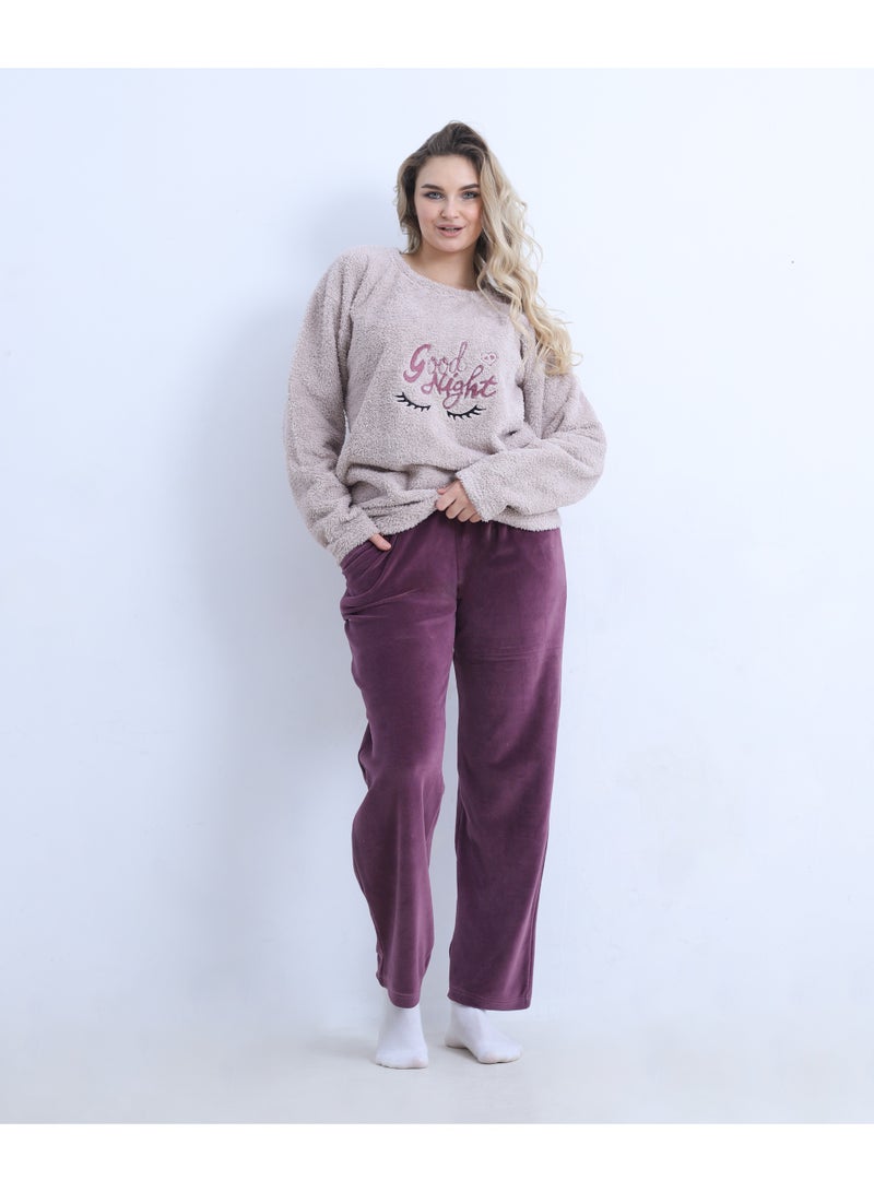 zecotex  Women's Winter Mixed Fabric Pajama Set - "Good Night" Fleece Pullover & Wide Velvet Trousers - Dusty Rose/Burgundy - S to L - Image 5