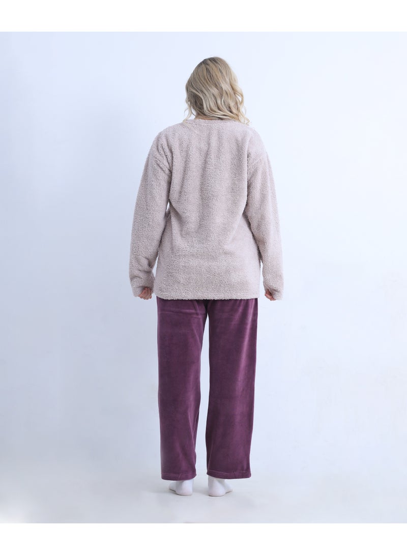 zecotex  Women's Winter Mixed Fabric Pajama Set - "Good Night" Fleece Pullover & Wide Velvet Trousers - Dusty Rose/Burgundy - S to L - Image 4