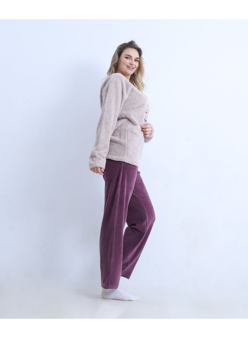 zecotex  Women's Winter Mixed Fabric Pajama Set - "Good Night" Fleece Pullover & Wide Velvet Trousers - Dusty Rose/Burgundy - S to L - Image 3