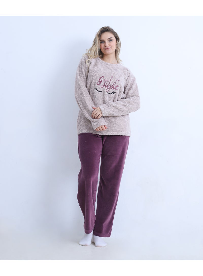 zecotex  Women's Winter Mixed Fabric Pajama Set - "Good Night" Fleece Pullover & Wide Velvet Trousers - Dusty Rose/Burgundy - S to L - Image 1