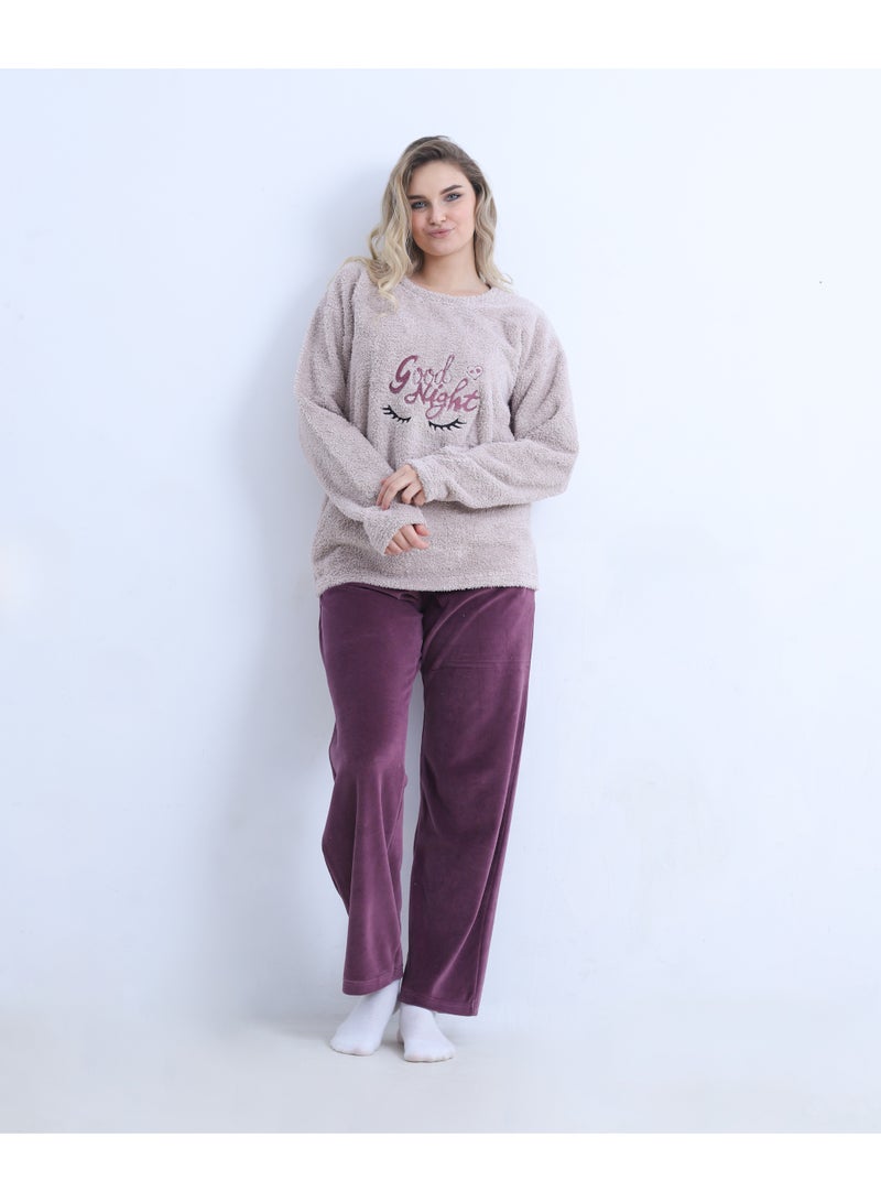 zecotex  Women's Winter Mixed Fabric Pajama Set - "Good Night" Fleece Pullover & Wide Velvet Trousers - Dusty Rose/Burgundy - S to L - Image 2