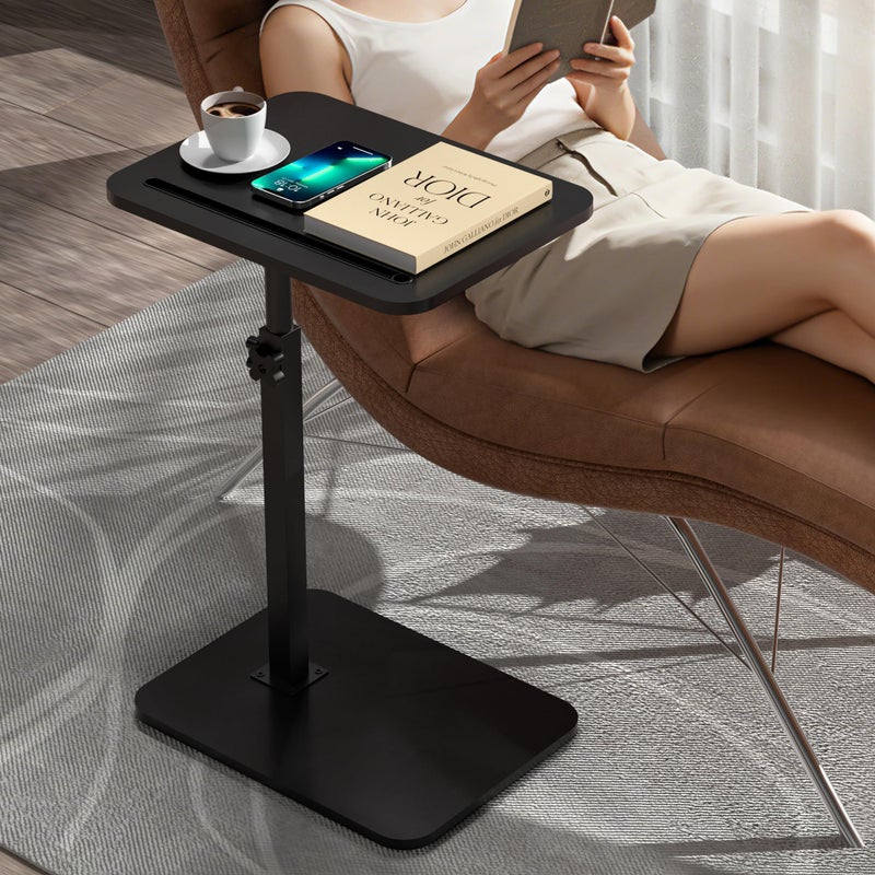 promitop Black Side Tray Table for Couch - 360Â° Swivel Adjustable Height Rotating Sofa Table C Table End Table Laptop Desk with Phone & Tablet Slot, Perfect for Eating Working Reading, Fits Small Spaces - Image 4