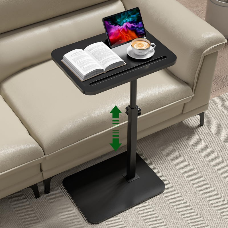 promitop Black Side Tray Table for Couch - 360Â° Swivel Adjustable Height Rotating Sofa Table C Table End Table Laptop Desk with Phone & Tablet Slot, Perfect for Eating Working Reading, Fits Small Spaces - Image 1