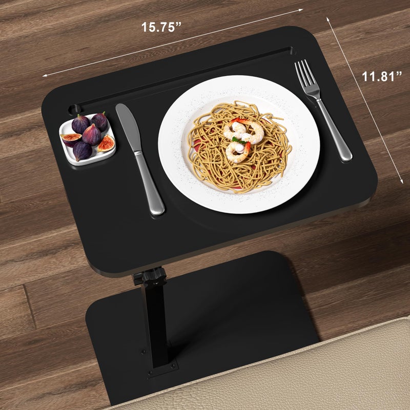 promitop Black Side Tray Table for Couch - 360Â° Swivel Adjustable Height Rotating Sofa Table C Table End Table Laptop Desk with Phone & Tablet Slot, Perfect for Eating Working Reading, Fits Small Spaces - Image 2