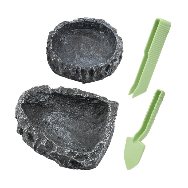 Reptile Bowls, 2 Pcs Reptile Feeding Dish with Clamp & Shovel, Resin Rock Reptile Water & Food Bowls, Amphibian Reptile Feeding Terrarium Bowls for Gecko Lizard Spider Scorpion Chameleon - Image 1