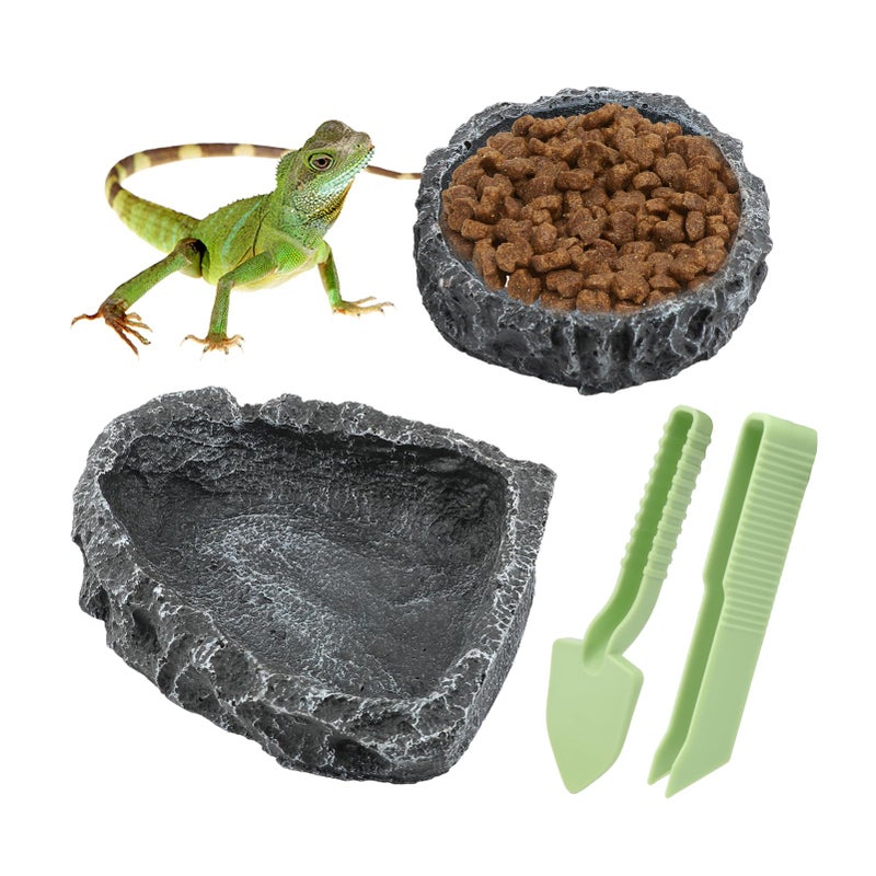 Reptile Bowls, 2 Pcs Reptile Feeding Dish with Clamp & Shovel, Resin Rock Reptile Water & Food Bowls, Amphibian Reptile Feeding Terrarium Bowls for Gecko Lizard Spider Scorpion Chameleon - Image 2