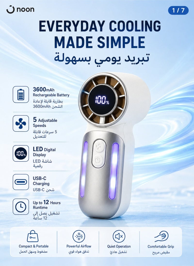 Monda Portable Turbo Handheld Fan 3600mAh Rechargeable Mini Fan with 5 Speeds, USB-C Fast Charging, Up to 12H Runtime, High-Speed Brushless Motor, Pocket Personal Cooling Fan for Travel, Outdoor, Office, Concert & Camping - Beige - Image 2