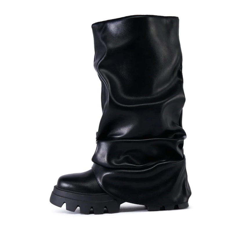 MICIFA Women's Fold Over Boots Platform Slouchy Wide Calf Boots for Women Chunky Heel Ruched Round Toe Riding Shark Mid Calf Booties Black - Image 1