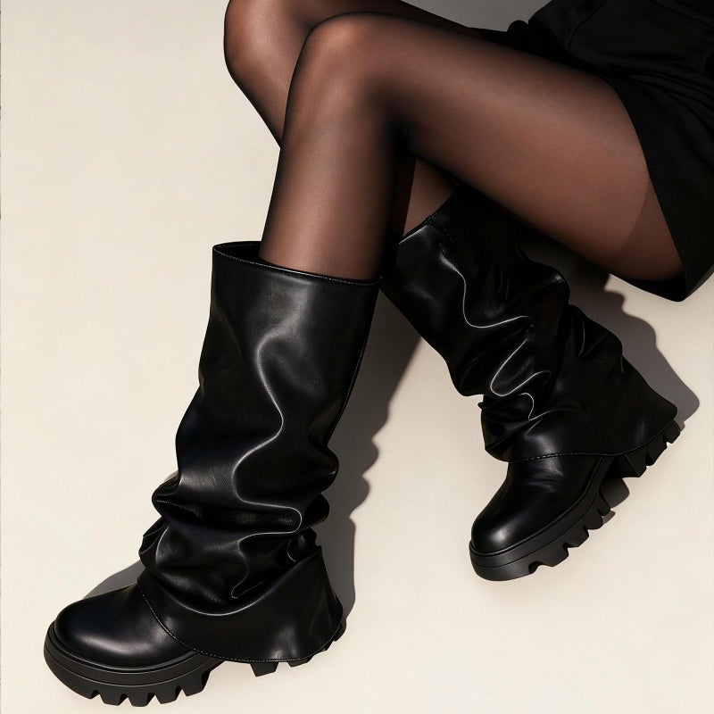 MICIFA Women's Fold Over Boots Platform Slouchy Wide Calf Boots for Women Chunky Heel Ruched Round Toe Riding Shark Mid Calf Booties Black - Image 4