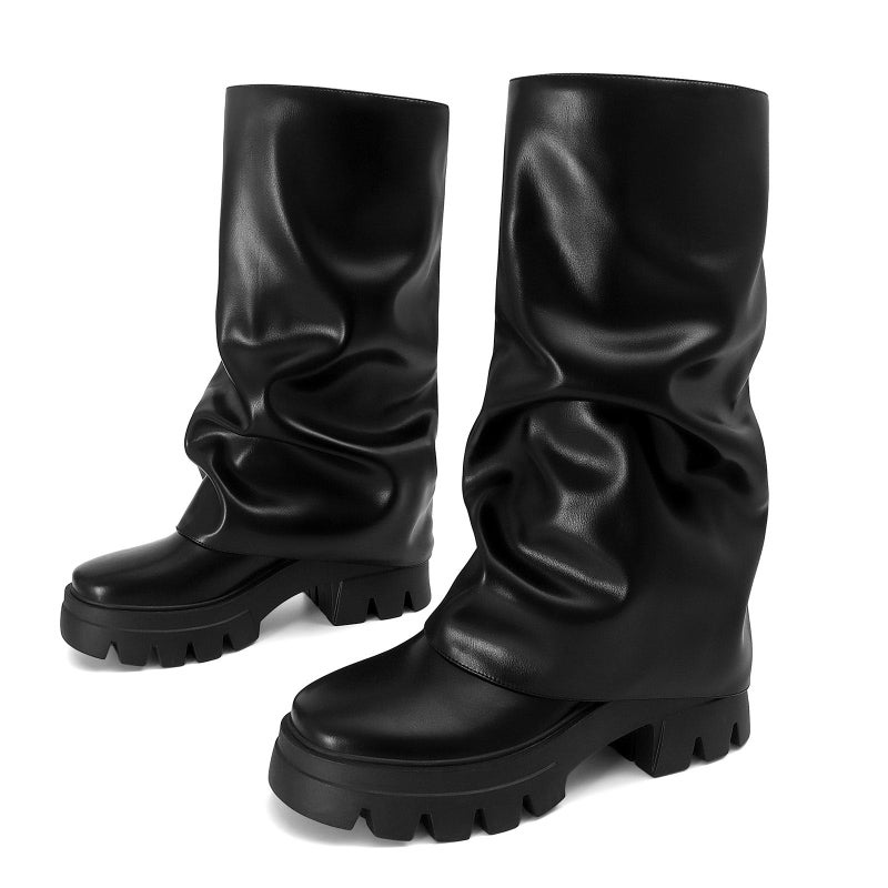 MICIFA Women's Fold Over Boots Platform Slouchy Wide Calf Boots for Women Chunky Heel Ruched Round Toe Riding Shark Mid Calf Booties Black - Image 5