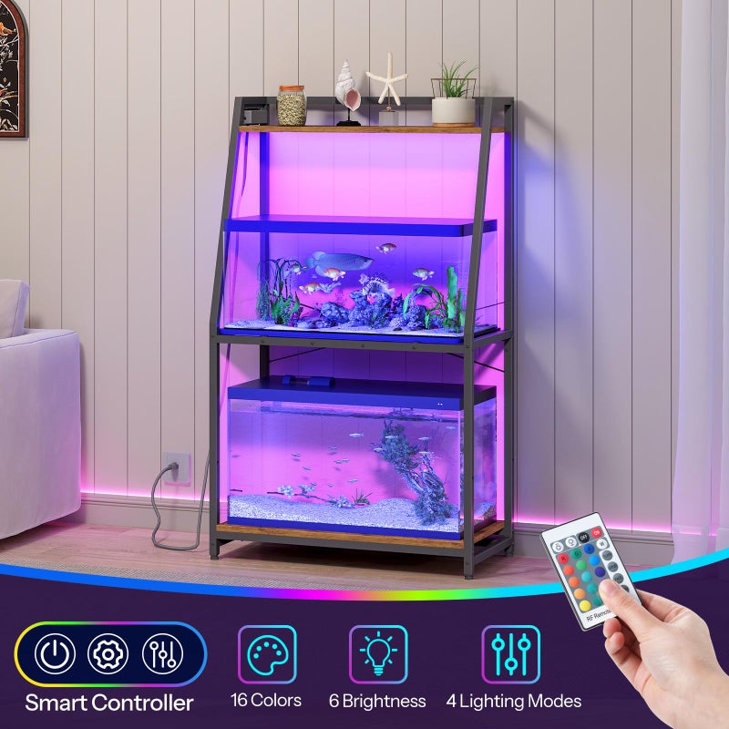 HOOBRO حامل حوض السمك HOOBRO بسعة 20-29 جالون مع مآخذ طاقة وضوء LED، حامل حوض سمك ثقيل، إطار معدني لحامل السلحفاة، 33.1 بوصة طول × 15.7 بوصة عرض، سعة 300 رطل، بني ريفي BF41UDFT01 - Image 5