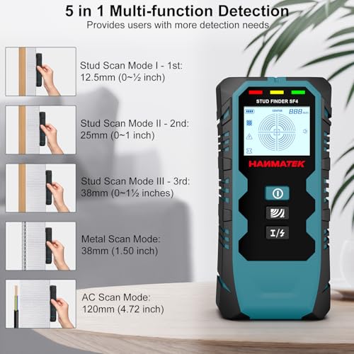 HANMATEK Stud Finder Wall Scanner,5 in 1 Multifunction Stud Locator with Upgraded Smart Sensor Audio Alarm HD LCD Display, Stud Finder Tool for The Center Edge of Metal, Studs, Plaster,AC Wire,Pipe - Image 2
