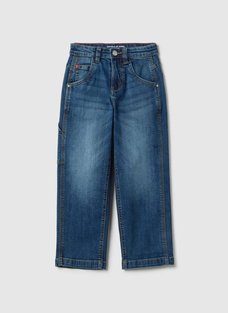 او في اس جينز أطفال أوفيس قطن أزرق واسع الساق مطاطي